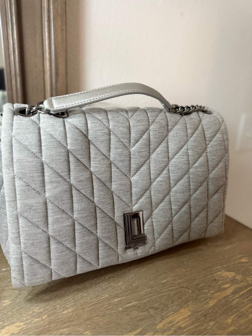 Karl Lagerfeld Quilted Light Gray Shoulder Bag with Chain and Top Handle